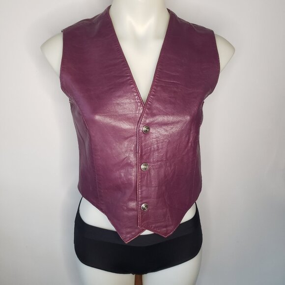 Vintage VTG Purple Leather Vest w Hand Painted Silver Details and Metal Snaps - Picture 2 of 13